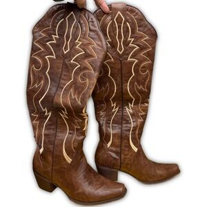Brown Embroidered Knee High Boots Western Winter Cowgirl  Size 8